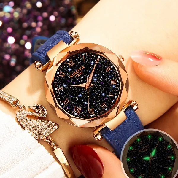 Роскошные модные женские часы XIAOYA, женские часы из розового золота, элегантные минималистичные стразы, повседневные женские водонепроницаемые часы - Цвет: blue