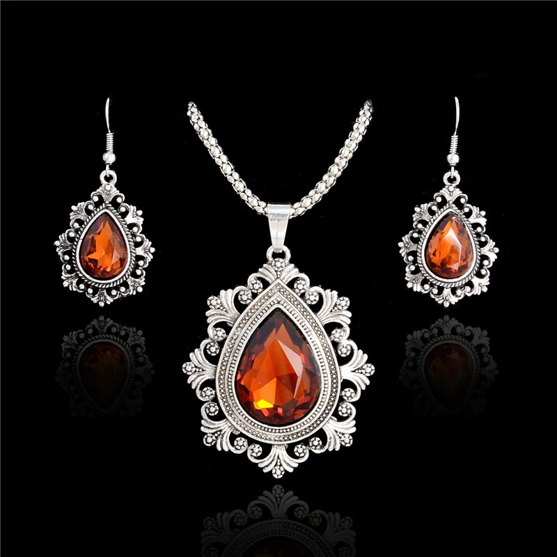 H: HYDE классический тибетский серебристый цвет цепи капли воды Кристалл Ювелирные наборы для женщин кулон ожерелье серьги parure bijoux - Окраска металла: Brown