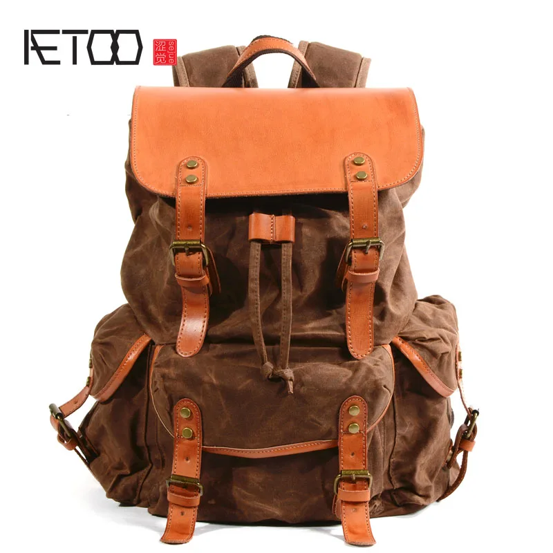 

AETOO Cloth bag men's waterproof oil wax canvas bag retro outdoor travel backpack large capacity tide package
