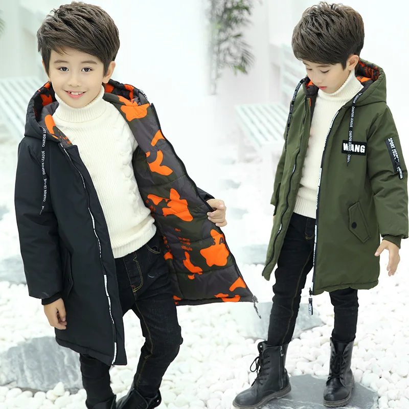 Двусторонняя Куртка для мальчиков зимнее пальто с капюшоном для мальчиков; Новинка года; детская камуфляжная плотная куртка детское теплое пальто с хлопковой подкладкой