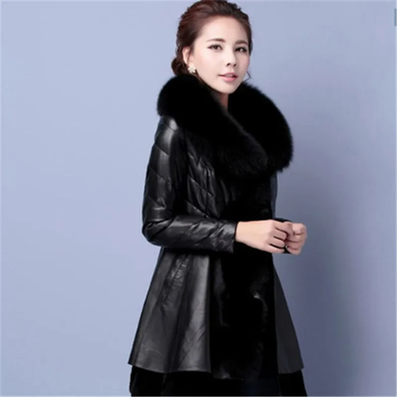 N2018PU кожаный женский длинный участок большого размера утолщение имитация лисы мех меховой воротник интегрированное теплое обтягивающее хлопковое пальто G143 - Цвет: Black