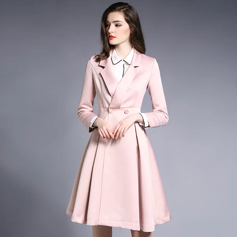 Kakagogo 2017 Autumn Fashion Full Long Double Breasted Skirt Solid Trench Pink font b Coat b