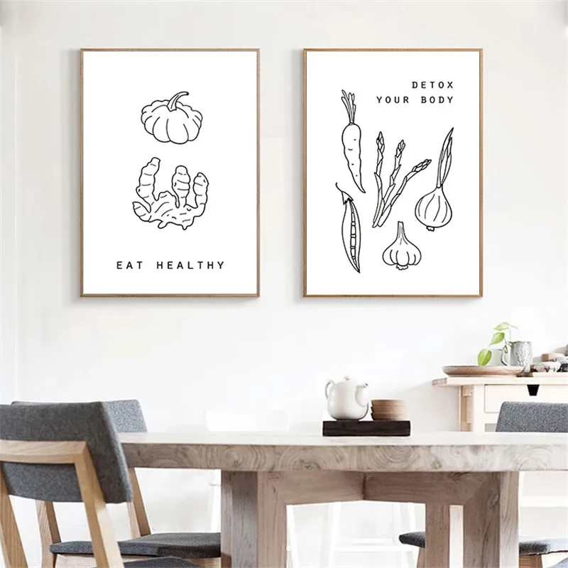 

Modern Black White Art Canvas Painting Prints Abstract Vegetable Poster Wall For Restaurant Kitchen Dining Hall Home Decor LB220