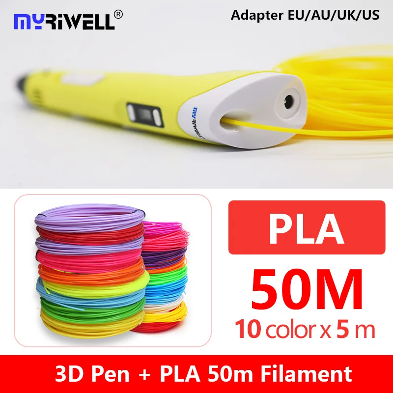 Originele Myriwell 3D Ручка rp100b+ PLA нить abs 3D ручка+ 50 м pla 1,75 мм пластиковая 3d Ручка для принтера детский подарок на день рождения - Цвет: yellow PLA50m