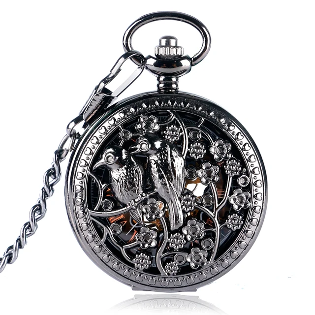 Vintage Retro Black Stainless Steel Case Love Bird Hollow Pocket Watch Mechanica Vintage Retro Black Stainless Steel Case Love Bird Hollow Pocket Watch Mechanica
