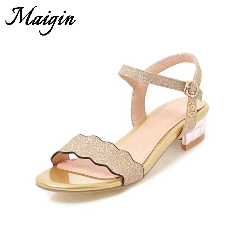 Maigin 2018 New Summer Gold Sandals Open Toe Thick Heel Womens Sandals Buckle Strap Ladies Sandals Women Footwear Casual Shoes