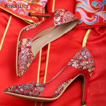 

BORRUICE Chinese Women Wedding Shoes National Style High-heeled Pumps Shallow Mouth Wedding Shoes Cheongsam Red Bridal Shoes