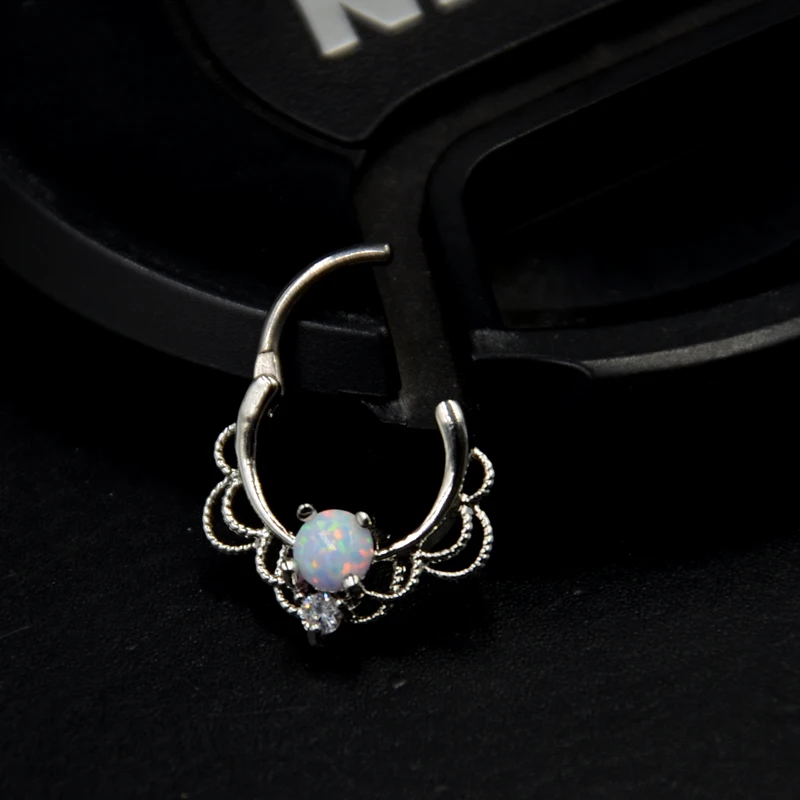

1pc Lacey Opal Hinged Septum Clickers Titanium Shaft 16G Pierced Round Nose Rings Piercing Septo Daith Rook Body Jewelry 16g
