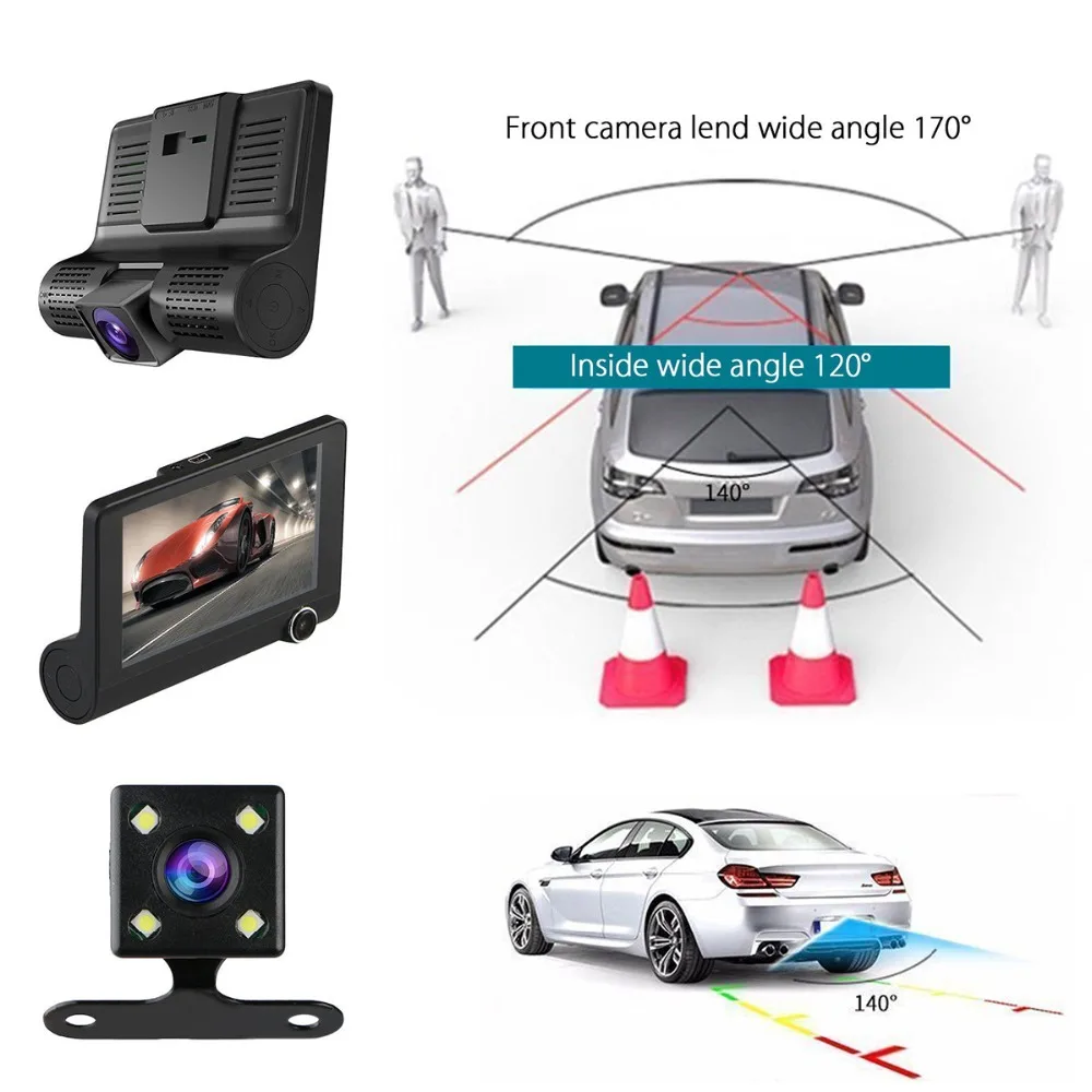 4 1080P HD 170 Angle 3 Lens Car DVR Dash Cam G-sensor Recorder and Rearview Camera Three Way Camera Tri-lens Night vision Camco (4)
