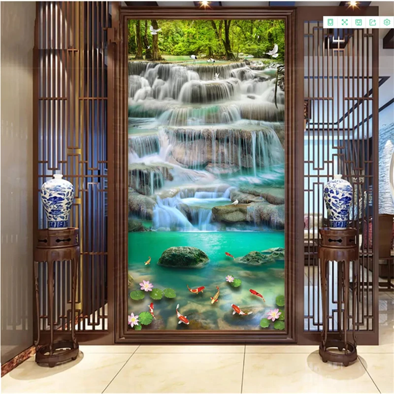 beibehang 3d wallpaper Classic decorative painting three-dimensional realistic waterfall carp lotus porch background wall paper anhui thickened sandalwood four foot raw rice paper chinese painting half cooked three six eight landscape calligraphy