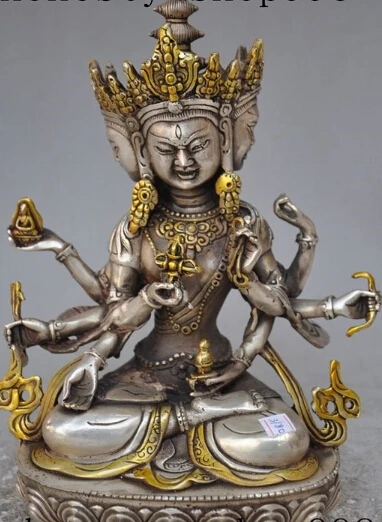 

tibet buddhism silver gilt 3 head 8 arms Ushnishavijaya Namgyalma buddha statue