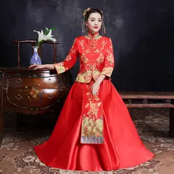 Красные Свадебные Qipao традиционное китайское платье Для женщин Cheongsam современный Vestido Oriental Стиль платья халат с длинными Qi Pao