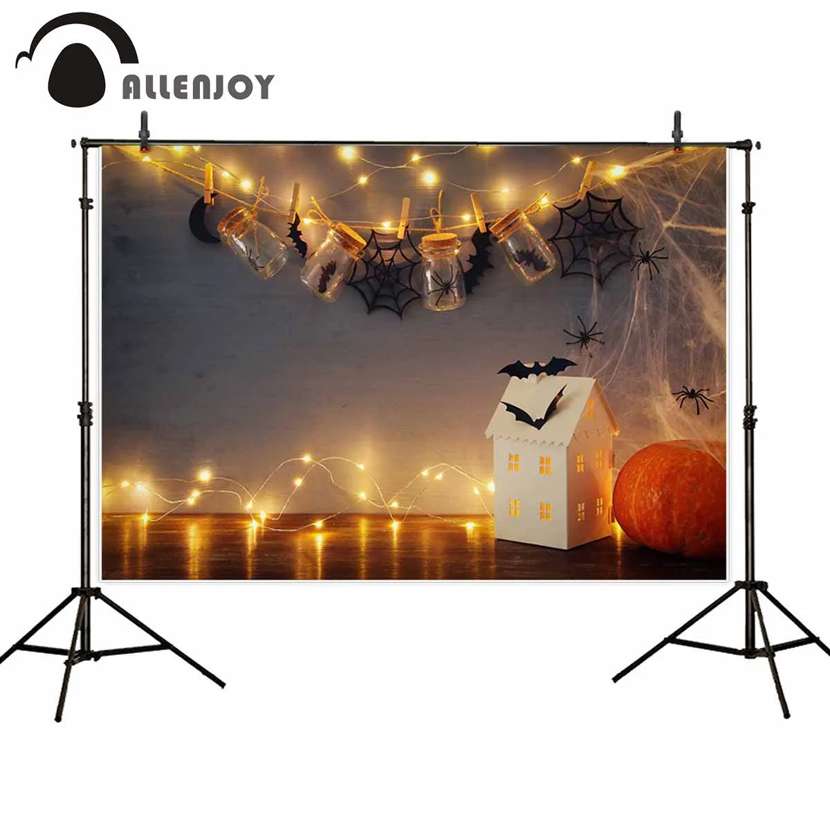 

Allenjoy backdrop for photographic studio mysterious house mason jars Spider web bats background halloween holiday photocall
