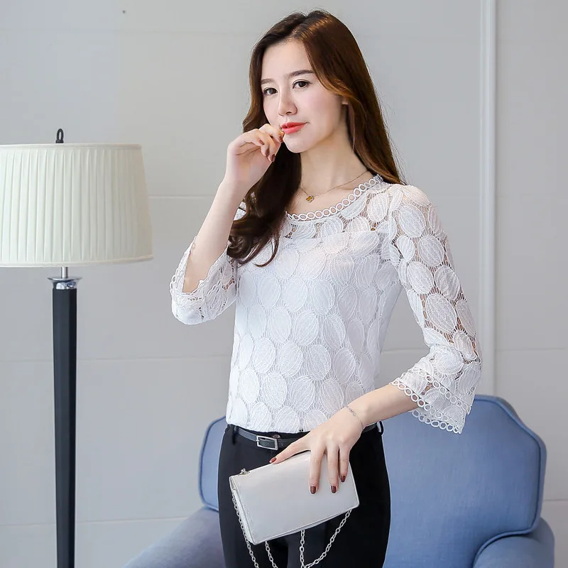 2019 Spring Autumn Korean Women Hollow Out Lace Blouses Shirts Female Fashion Loose Flare Sleeves O