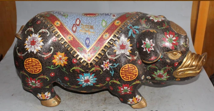 

xd 001418 19" Marked Chinese Cloisonne Enamel Gilt Feng Shui Zodiac Year Animal Pig Statue