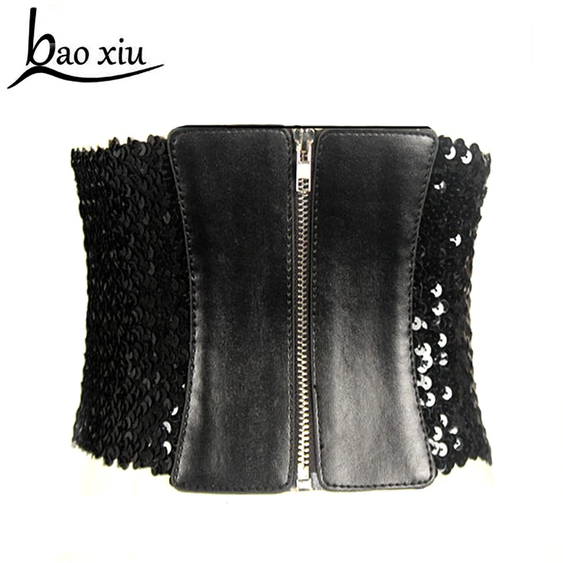 

women brand design Sequins belts adjustable slim corset body ultra wide elastic faux leather retro strap Belt Corset accessories