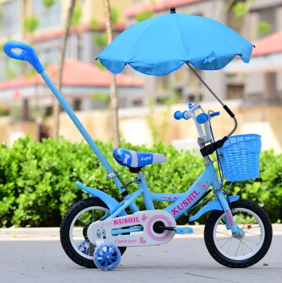 Детский велосипед со съемным толкателем/зонтами ручной велосипед с 2 вспомогательными колесами со вспышкой - Цвет: 12 inch blue