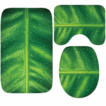 

3-Piece Set Memory Foam Green Leaf Bathroom Rug Mat Soft Non-Slip Absorben Area Rugs for Toilet Tub Shower and Bath Room