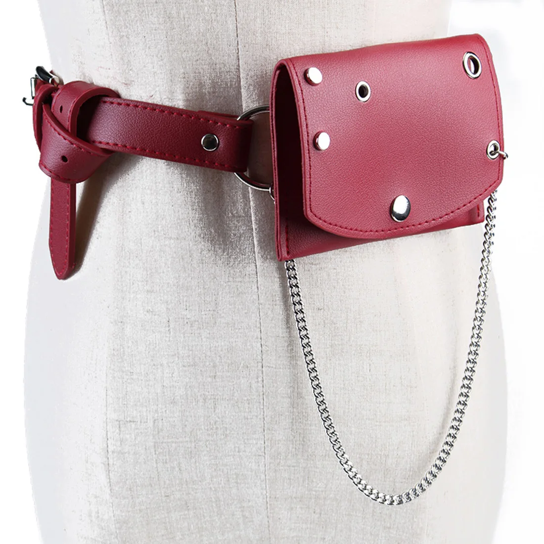 Модные новые поясные сумки для женщин, для девочек, металлические, с круглым отверстием, с заклепками, тонкие сумочки с монетками, широкий пояс, мини-упаковка для платья - Цвет: Красный