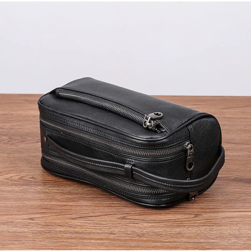 AETOO Male handbag leather Large capacity double zipper portable bag men's head cowhide casual day clutch leather men bag