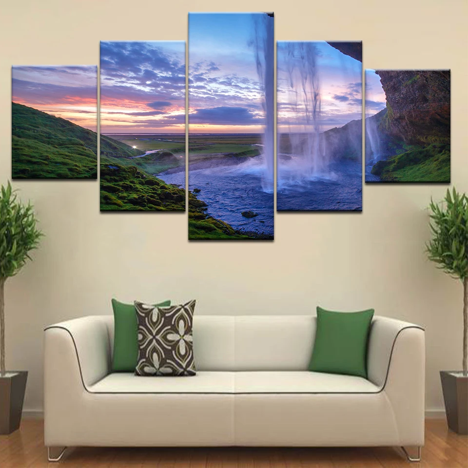 

Canvas Painting Wall Art Living Room Decor 5 Piece Sunshine Waterfall Lake Natural Landscape Poster HD Prints Pictures Framework