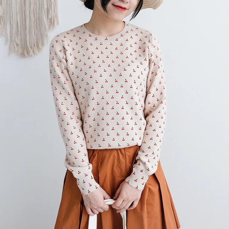 

2018 Full Special Offer Women Sweaters And Pullovers Sweet Small Spring New Pattern Cherry Printing Knitting Rendering Pullover