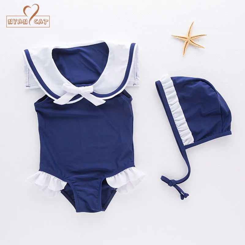 

Free Ship Baby girls swimming suit summer blue navy sailor swimwear+hat 2pcs set infantil toddler kids beach bathing clothing