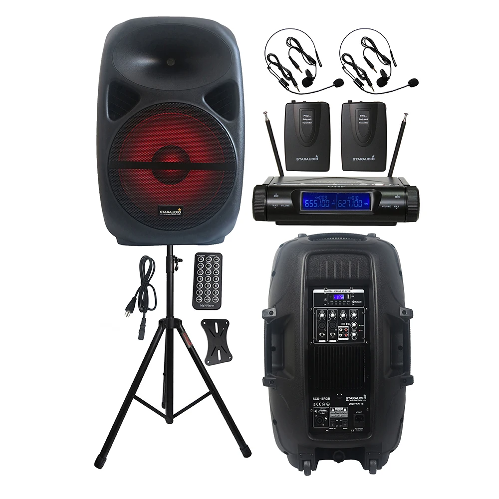 

STARAUDIO 15 Inch 2500W Party PA Speaker Powered Active DJ Speaker Stand 2CH Wireless UHF Headset Lavalier Lapel Mic SCS-15RGB