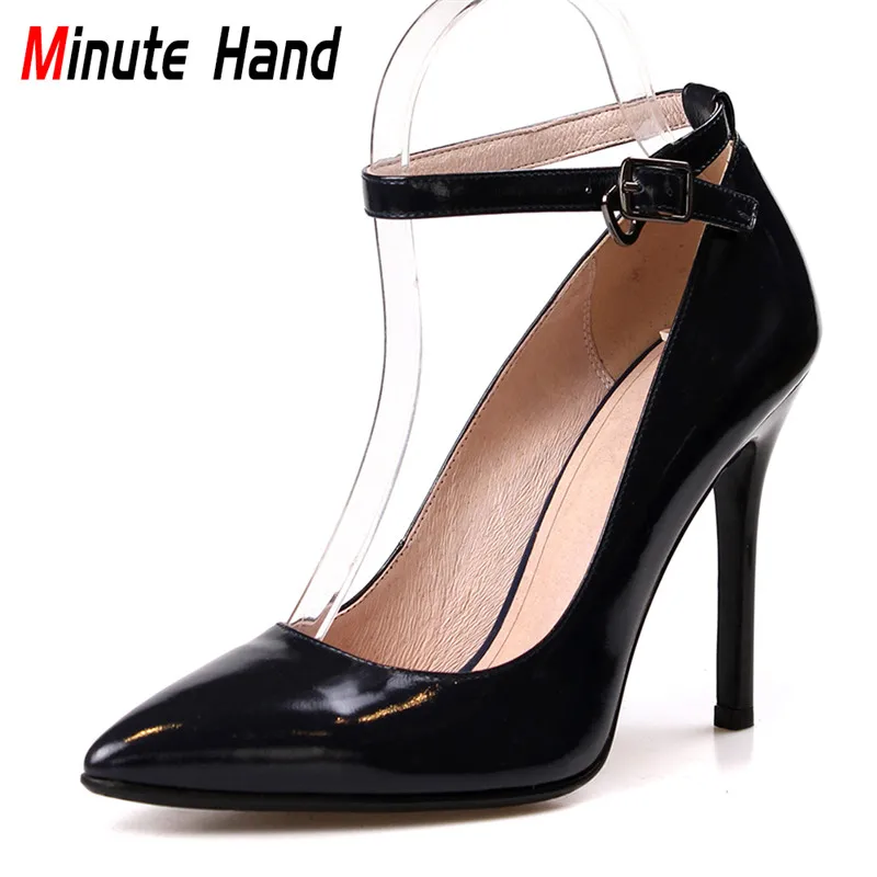 

Minute Hand Spring Autumn New Fashion Cow Leather High Heels Women Sexy Ankle Strap Pumps Stiletto Pointed Toe Lady Dress Shoes