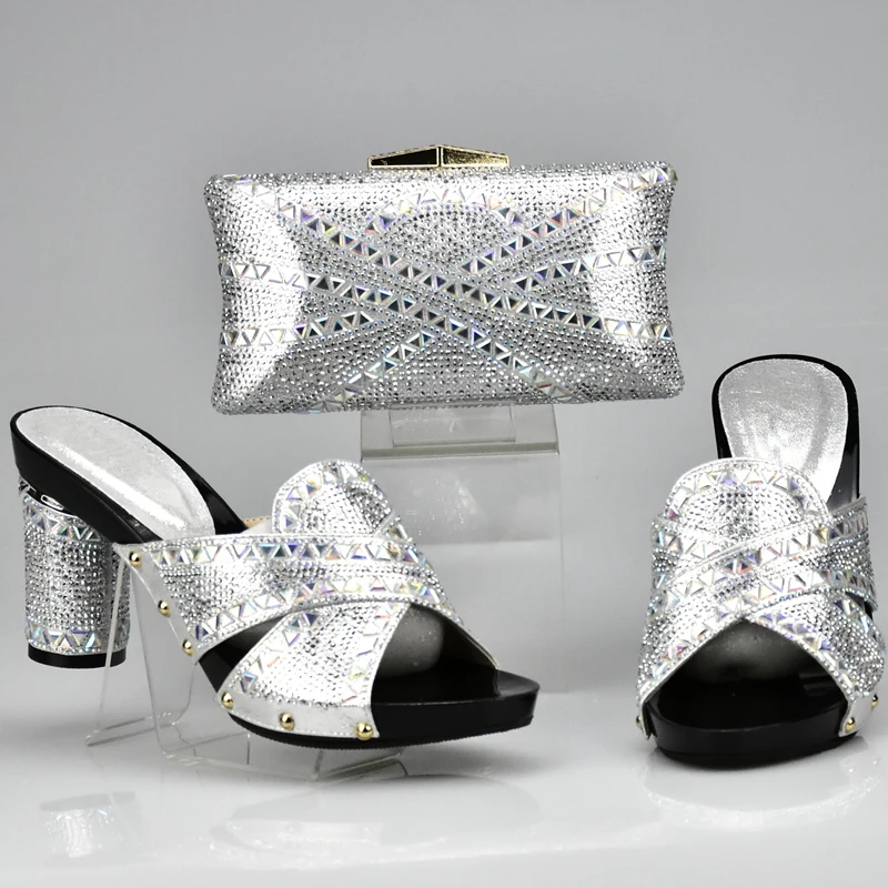 

Sliver Color Matching Italian Shoes and Bag Set Decorated with Rhinestone African Party Shoes and Bag Set Italian Shoes and Bag