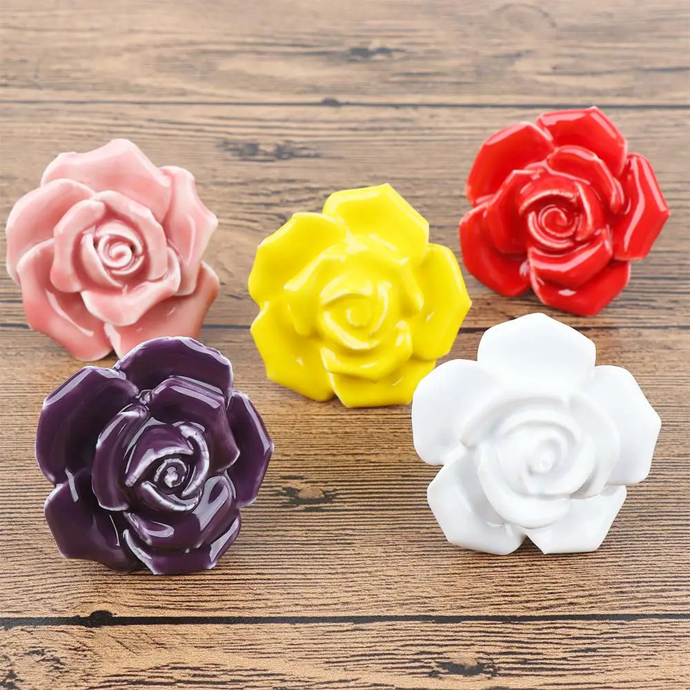 

Ceramic Roses Flower Shape Handles for Furniture Door Knob Cabinets Knobs and Handles Cupboard Drawer Pull Handle