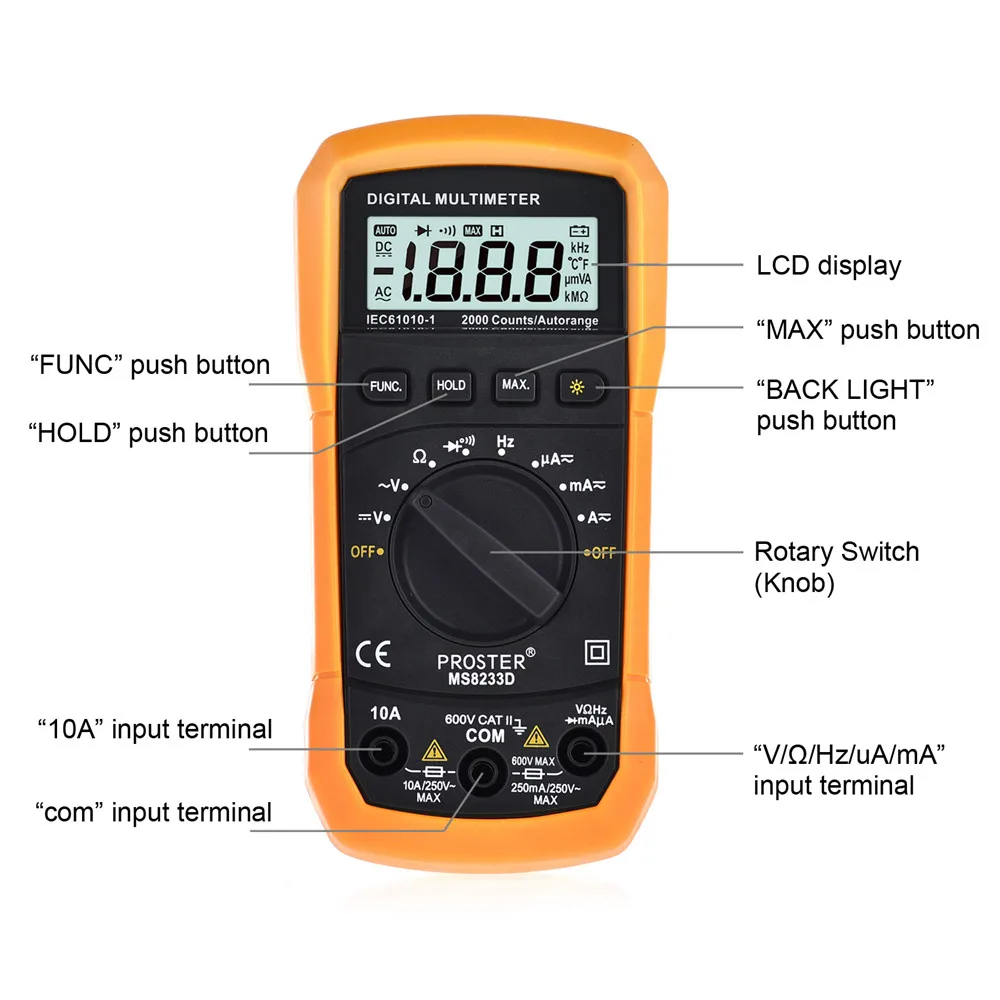 Proster Авто Диапазон Цифровой мультиметр 2000 отсчетов тест ЖК-дисплей 3 1/2 цифр Карманный Multimetro DC AC вольтметр частота