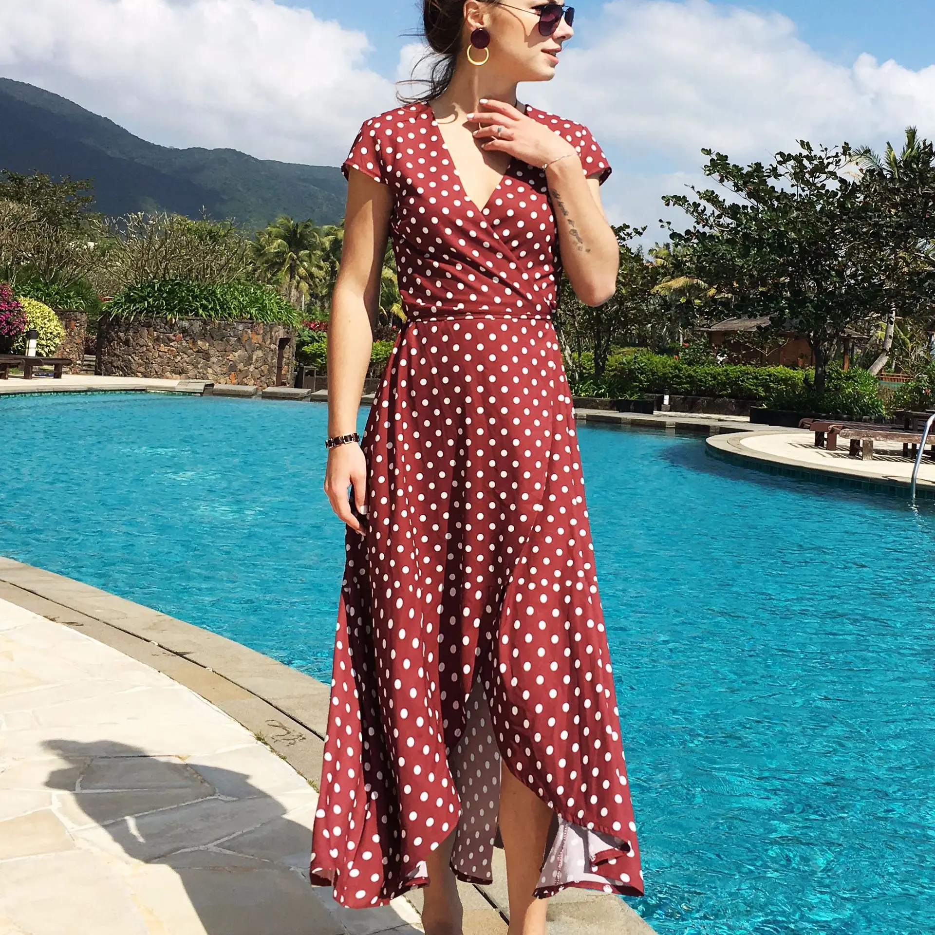

Summer Women V-Neck Bot Chiffon Wrap Dress Casual Split Beach Long Bohemia Dress Vestido Midi Maxi Boho Dresses New