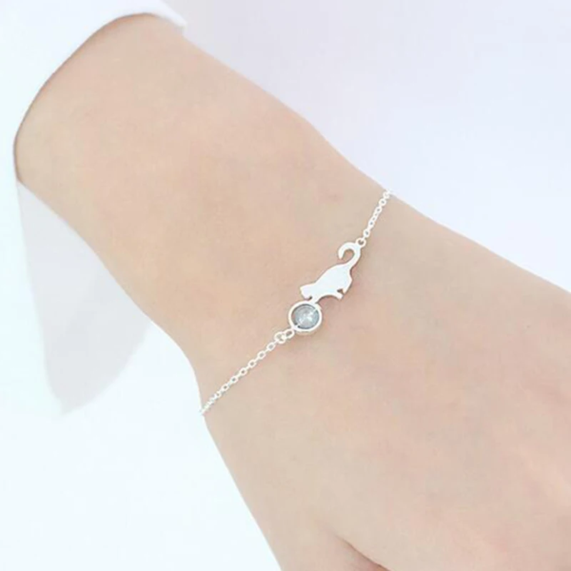 

100% 925 Sterling Silver Moonlight Stone Cat Charm Bracelets & Bangles For Women Creative Fashion Jewelry
