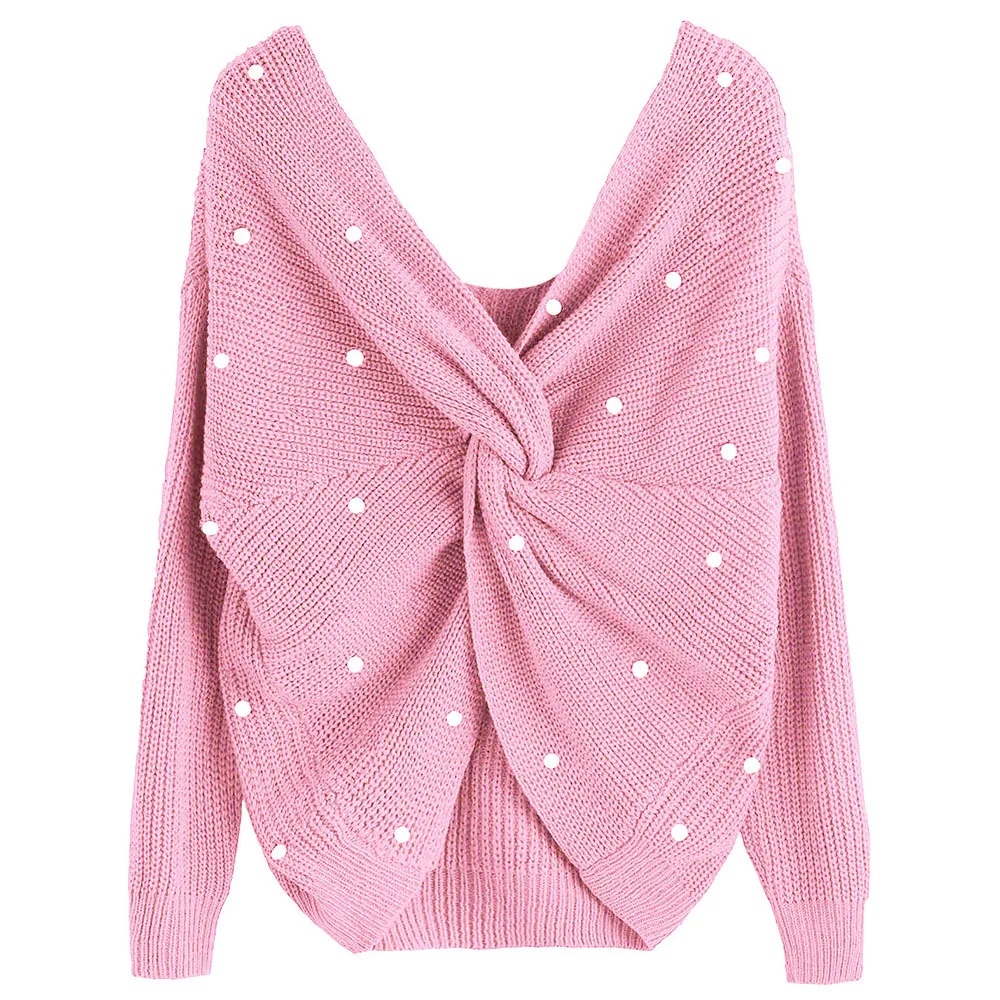 

Lady Cross-border Sweaters Women's Loose Turtleneck Coat Female Back Irregular Cross Pearl Sweater Long Sleeve V Neck B-9317
