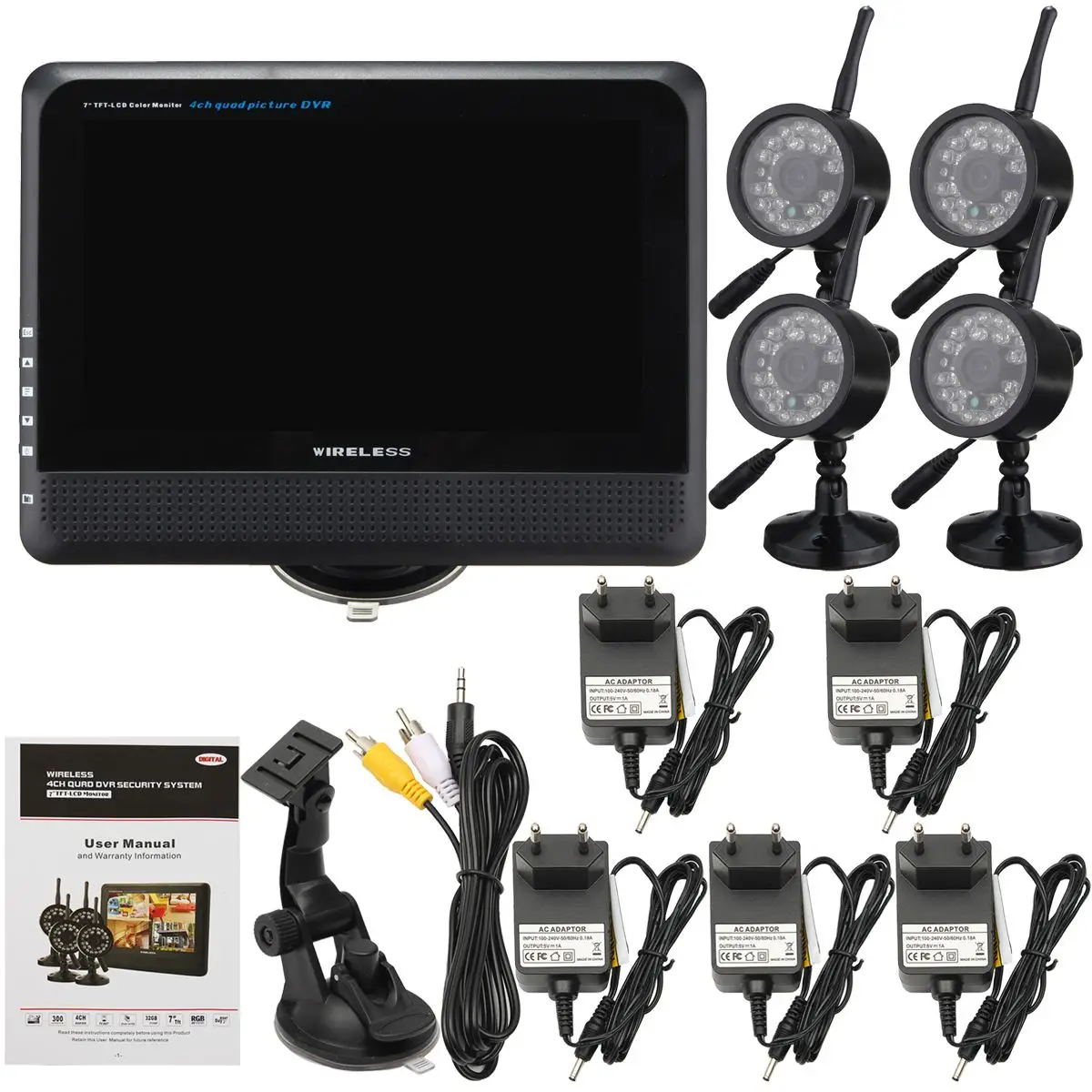 7inch LCD Digital Wireless Monitor DVR CCTV Kit 4 Channel Quad Security System With 4 Cameras Baby monitor Record EU Plug