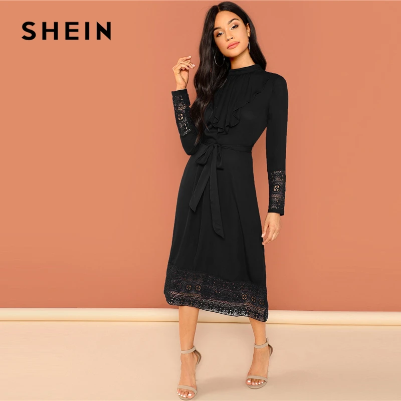 SHEIN Платье С Кружевной Отделкой И Поясом Женское Элегантное Кружевное Макси Платье