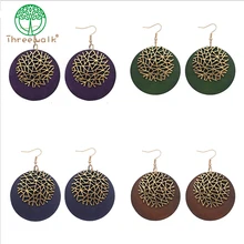 

E253 Vintage Gold Metal Leaves Round Wooden Drop Earrings For Women Girl Bijoux Fashion Jewelry Wholesale
