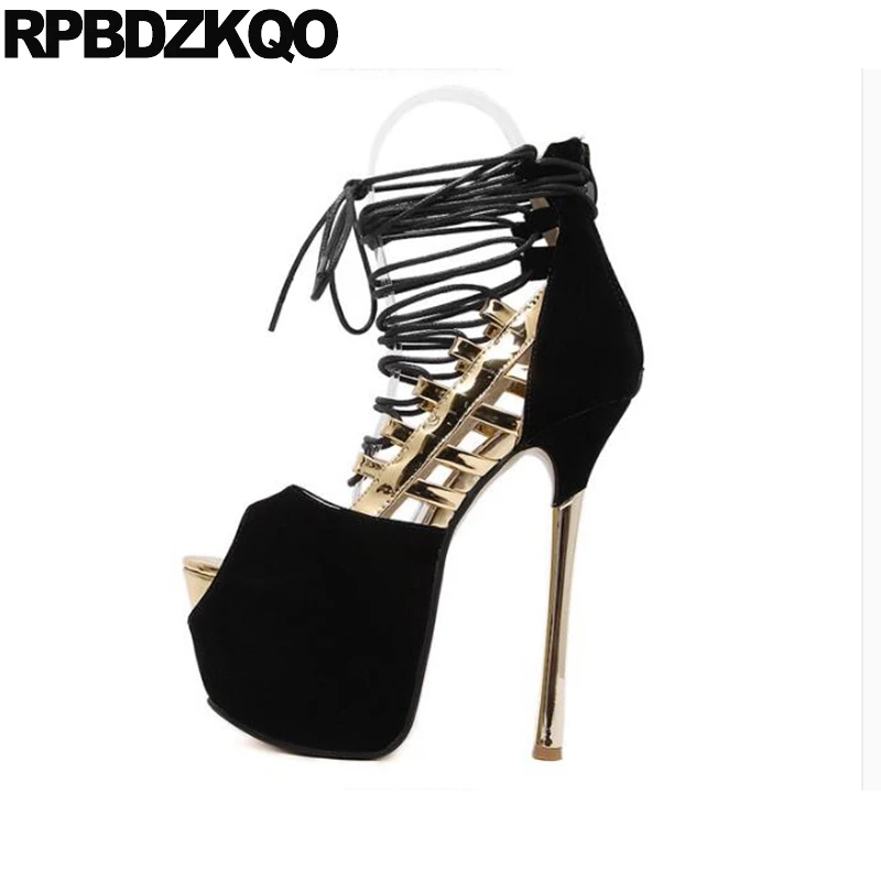 

ladies gothic pumps exotic dancer golden cheap strappy high heels 16cm stilettos lace up peep toe gold scarpin shoes gladiator