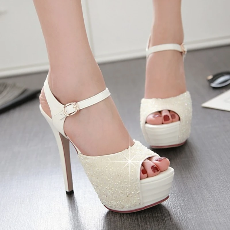 

fanyuan Sexy Sandals Peep Toe glitter Summer Platform Sandals Women rhinestone Party Super High Heels Shoes Woman Size 32-43
