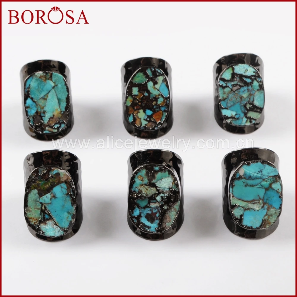 

BOROSA 5/10PCS Gunmeatal Color Natural Copper Turquoises Band Ring Natural Blue Stone Mixed Gold Veins Rings Gems Jewelry B1489