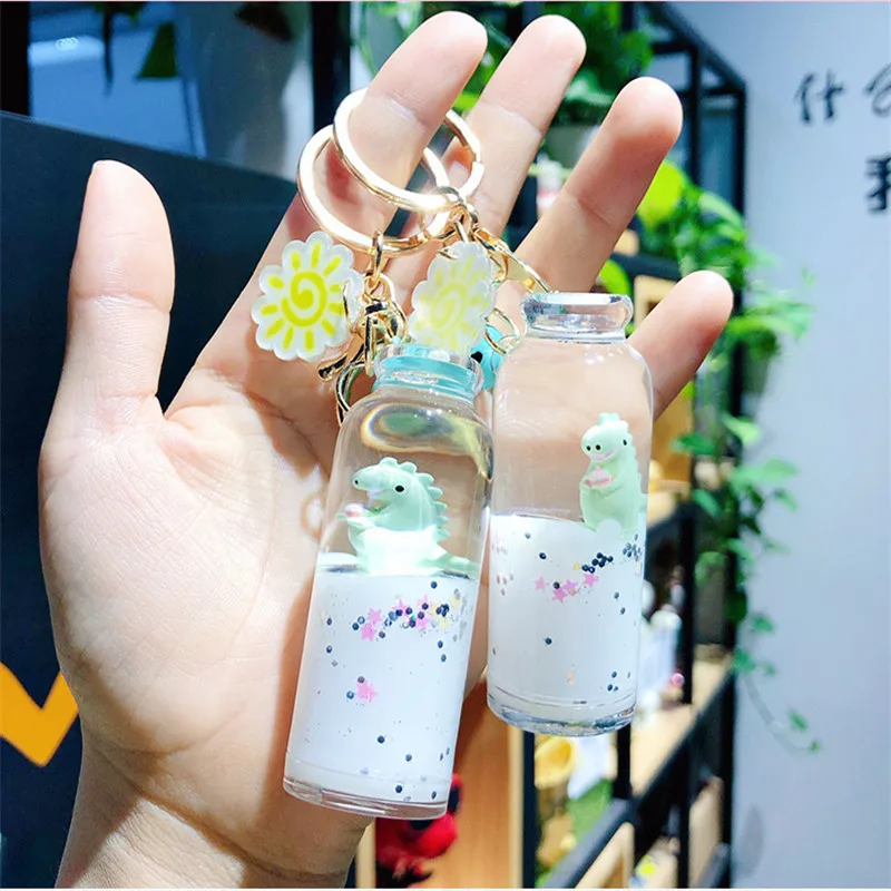 

Fashion Floating dinosaur Keychain Keyring milk liquid bottle keychain quicksand drift bottle milk key chain for women bag charm