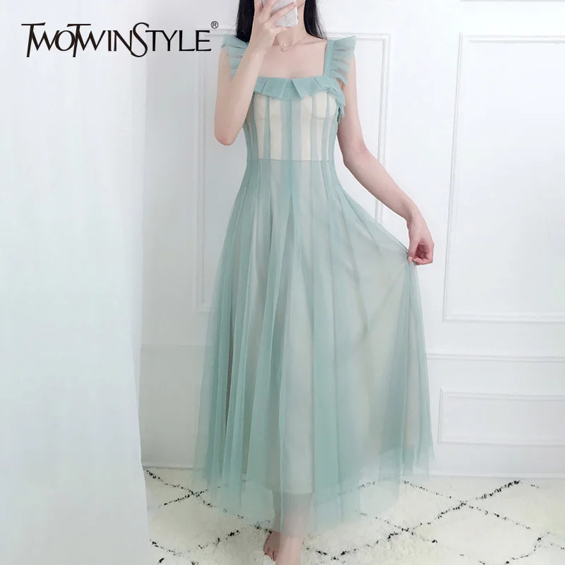 Buy TWOTWINSTYLE Elengant Sleeveless Midi Mesh Dresses