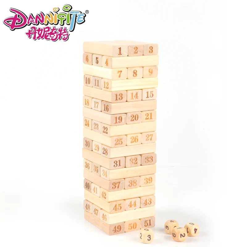 

Golden Key 51pcs Large Size Wooden Tower Toys Building Blocks Domino Digit Stacker Boutique Stamping Jenga Game Gift 4pcs Dice