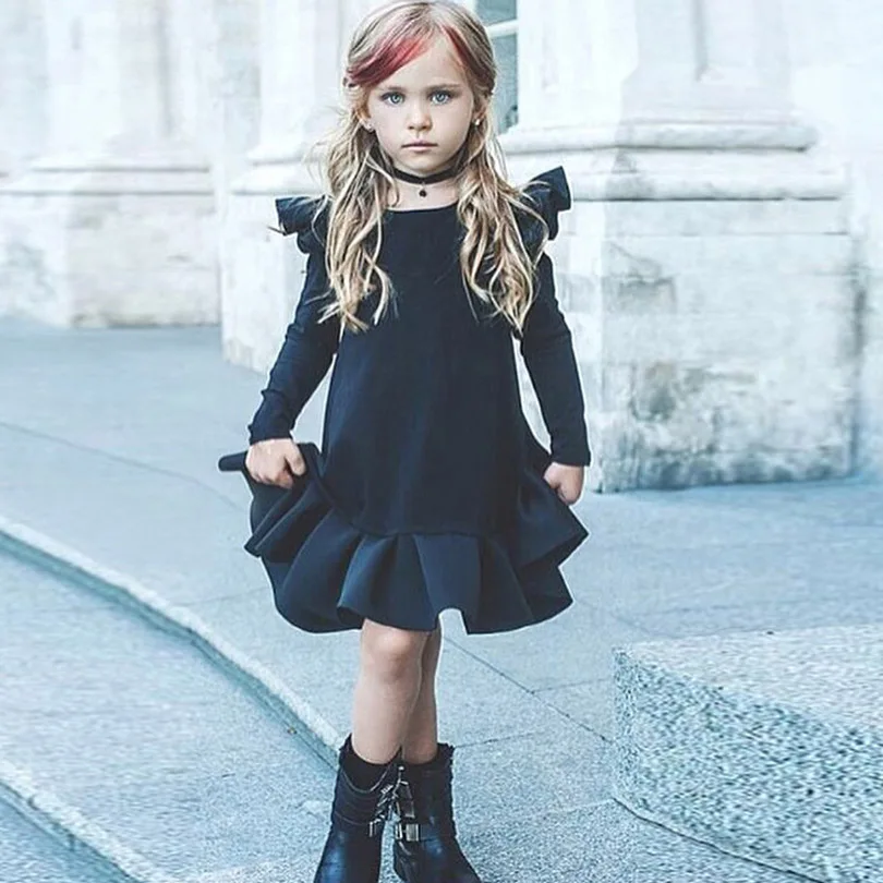 

Girls Dress Princess Autumn Kids Dresses for Baby Girls Clothes Flying Long Sleeve Pleated Solid Children Clothing 1-5Y