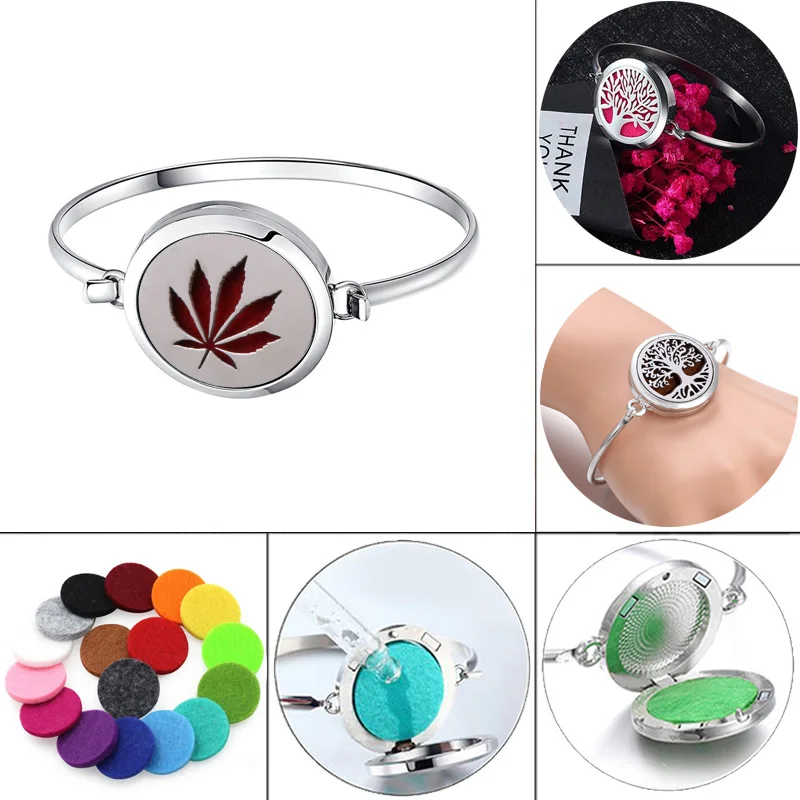 

Leaves pattern Perfume Bracelet Essential Oil Diffuser Aromatherapy Locket Bracelet Tree 316L Stainless Steel Diffuser Bracelet