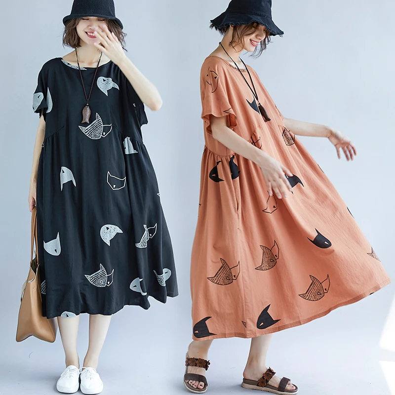 

BIG SIZE 4XL Summer Women Fashion Elegant Cartoon Print Tops Ladies Female Plus Large Swing Long Cotton Linen Ruffle Loose Dress