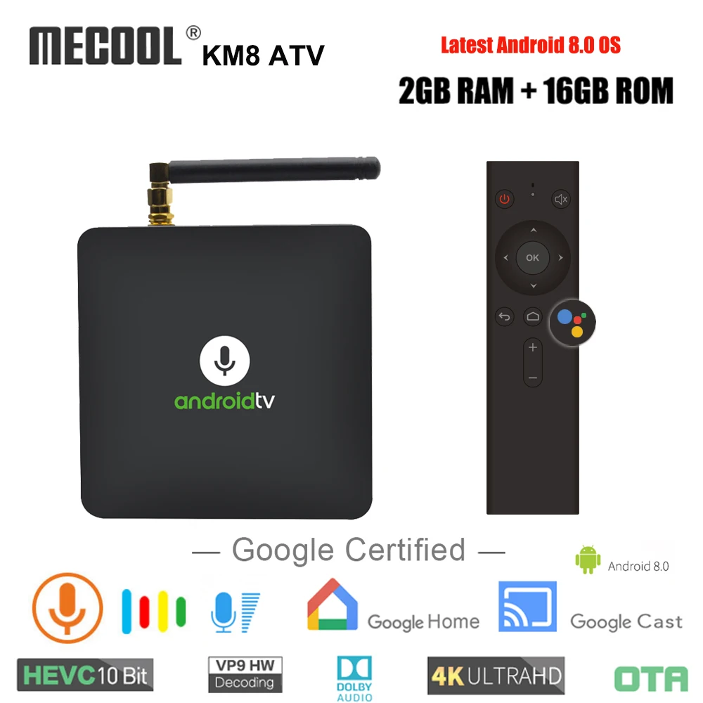 

New MECOOL Androidtv KM8 ATV Google Voice Control Smart TV BOX Android 8.0 Amlogic S905X 2GB DDR3 16GB Bluetooth 4.2 Set Top Box