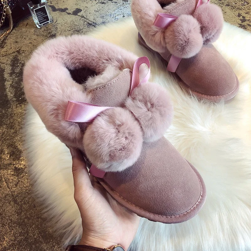 

Cute Pink Furry Ball 2018 Winter Women Ankle Boots New Fashion Flock Platform Winter Warm Ladies Snow Boots Shoes For Female