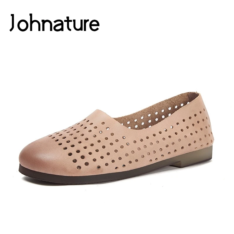 

Johnature Genuine Leather Basic Casual Women Shoes Slip-on Solid Retro Flat With Round Toe Hollow Comfortable Summer Sandals